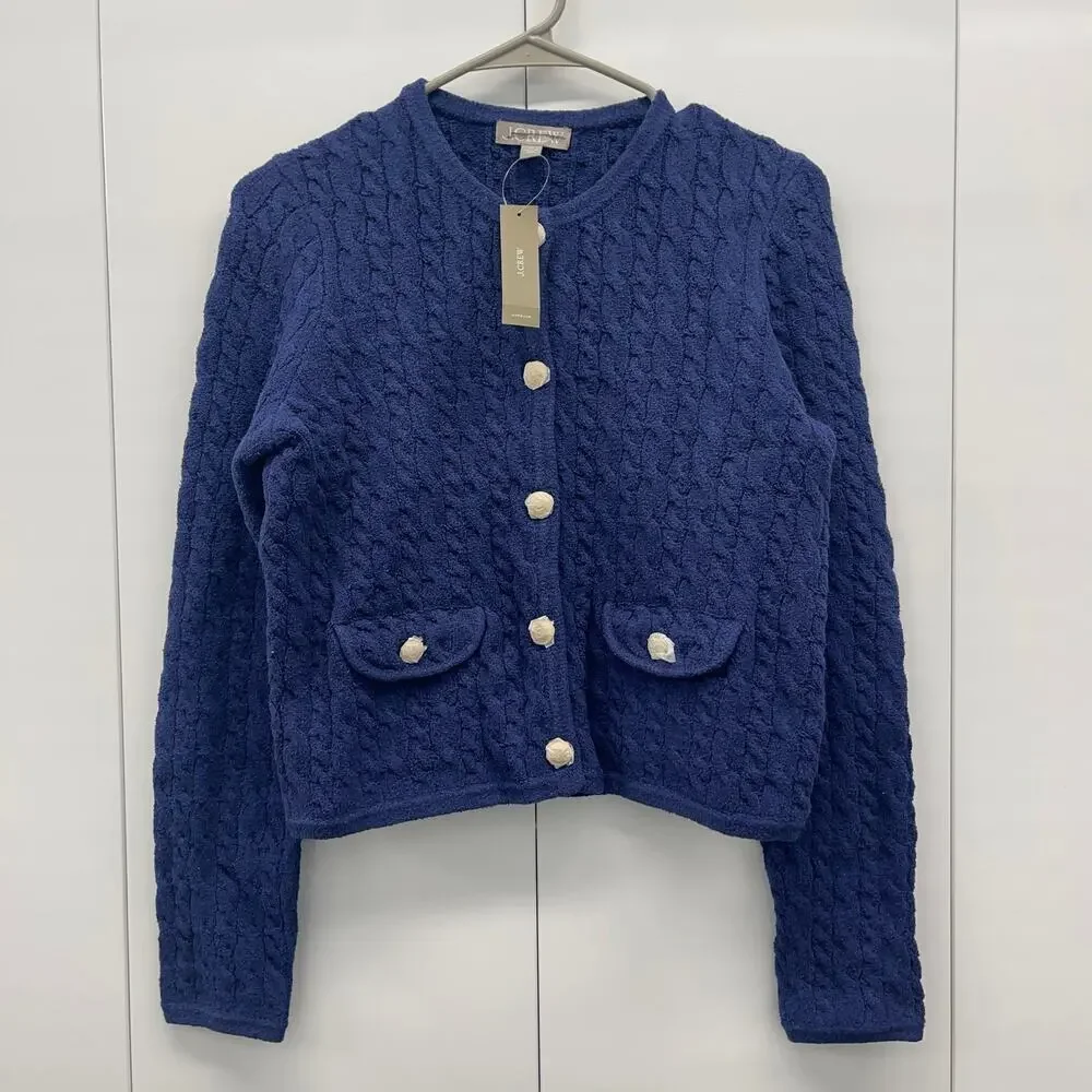 J.Crew Odette Cable Knit Sweater Lady Jacket Cotton-Blend Bouclé Navy XS NWT